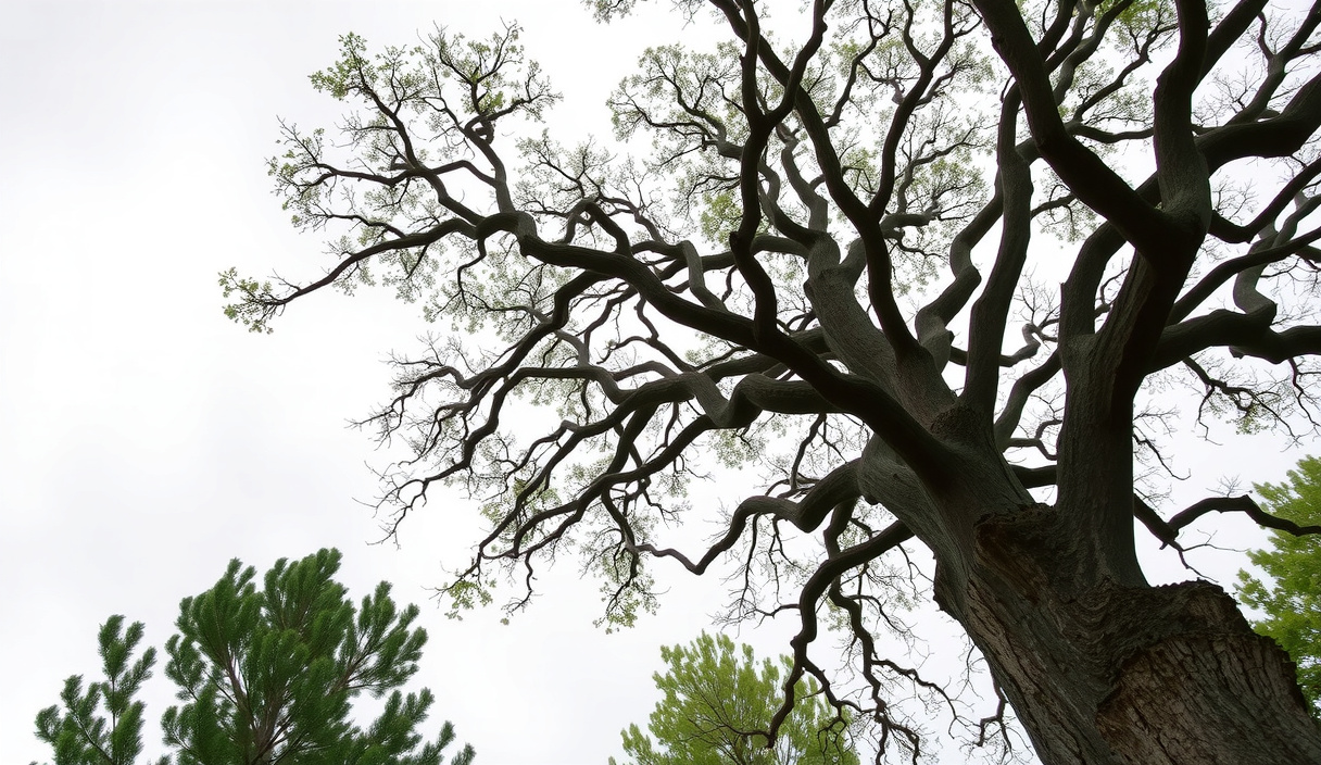 Looking up into the sparse crown of a large mature oak in late summer, with many bare grey branches and only thin scattered foliage remaining, healthy green trees visible behind it